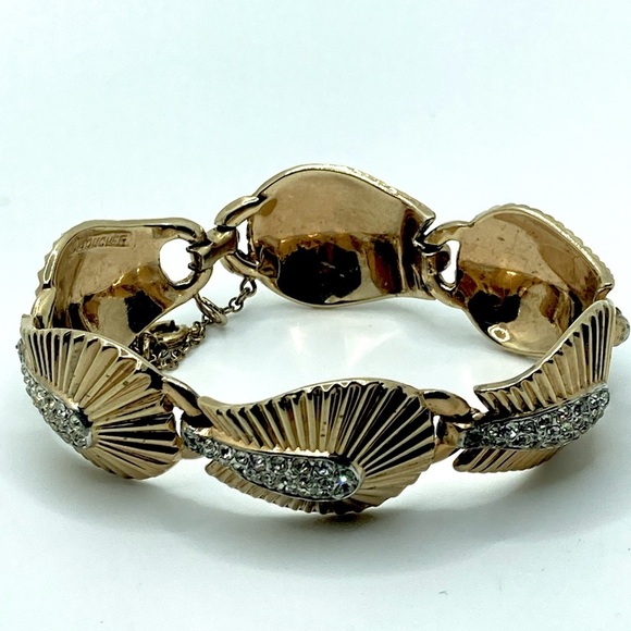 BOUCHER Gold Plated White Crystal MCM Leaf Design Link Bracelet 7” Vintage - Picture 2 of 8